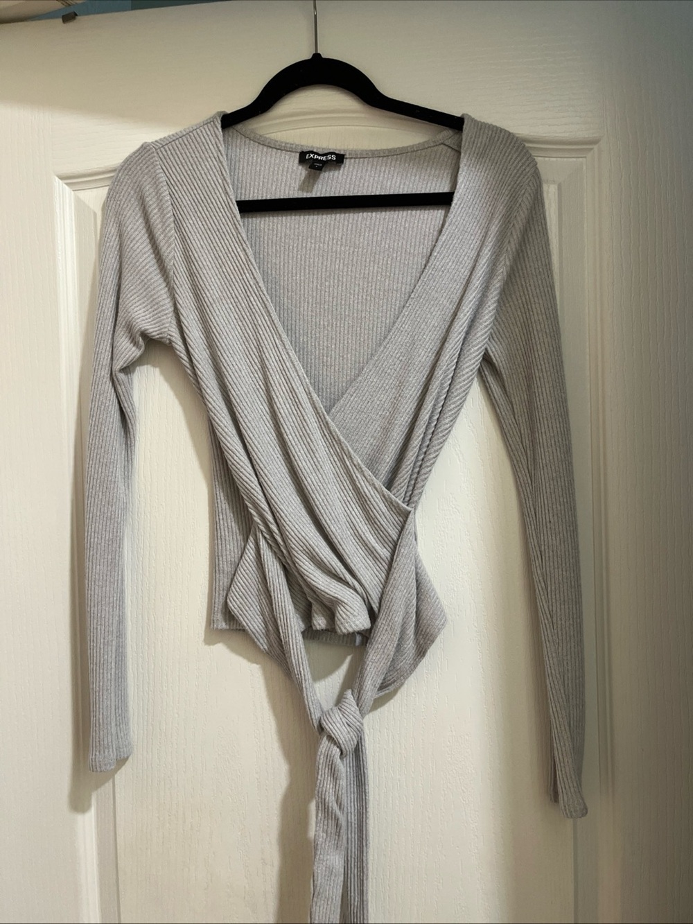 Express Light Gray Ribbed Wrap Tie-Front Top